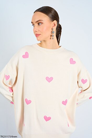 Laluvia Heart Embroidered Cream Pink Sweater