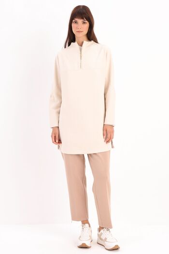 ALLDAY Beige Open Stand Collar and Zippered Robe Tunic