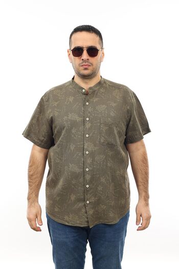 TOUSUS Men's Large Size Khaki Color Leaf Pattern Linen Prevailing Collar Pocket Short Sleeve Shirt KK-8001-TSS
