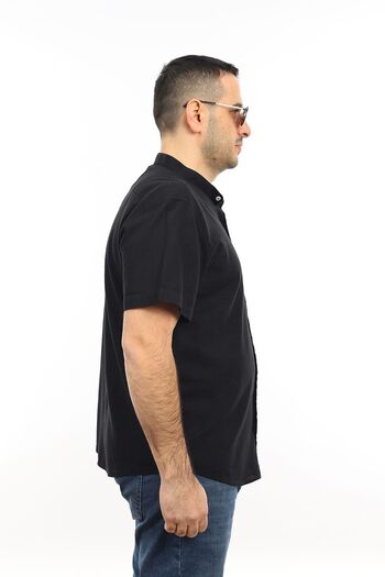 TOUSUS Men's Large Size Black Color Leaf Pattern Linen Prevailing Collar Pocket Short Sleeve Shirt KK-8007-TSS
