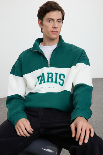 Trendyol Collection Color Block Emerald Green Oversize φούτερ - Stand γιακά με φερμουάρ TMNAW25SW00104