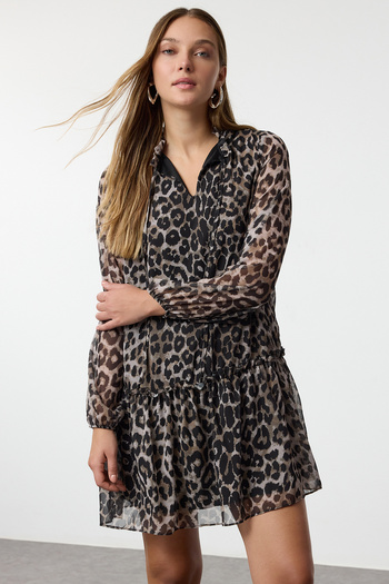 Trendyol Collection Winter Mini Dress - Brown Leopard Print, Straight Fit, Stand Collar, Lined Chiffon Twoaw25El00242