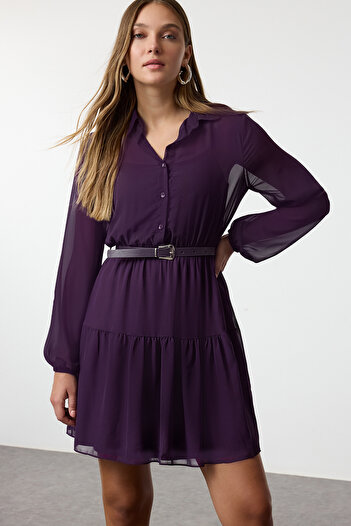 Trendyol Collection Μωβ φούστα με ζώνη με άνοιγμα στη μέση Μίνι φόδρα σιφόν υφαντό χειμερινό φόρεμα TWOAW25EL00180