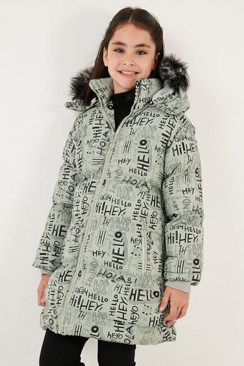 Lela Faux Fur Text Printed Removable Hooded Plush Lined Winter Coat Girls Child MON
