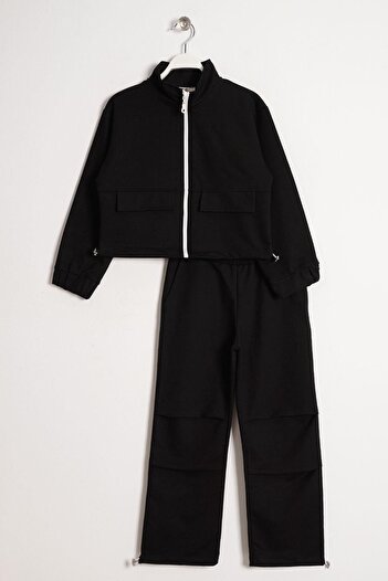 zepkids Girl's Black Tracksuit Set - Zippered, Rubber Waist and Leg Detail
