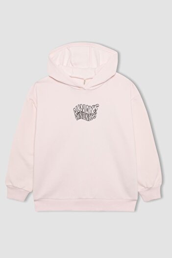 DeFacto Printed Oversize Hooded Sweatshirt for Girl - Soft Feather, Thick - B0952A823Au