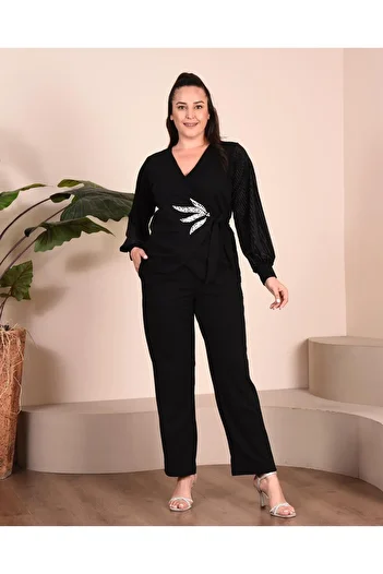 Butik Nilyam Women's Plus Size Double-Breasted Collar Velvet Sleeve Pearl Leaf Embroidered Blouse Stretchy Pants Evening Dress Suit 24514