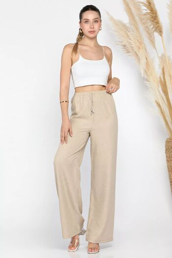 GÜLSELİ Beige Wide Leg Elastic Waist Women's Trousers