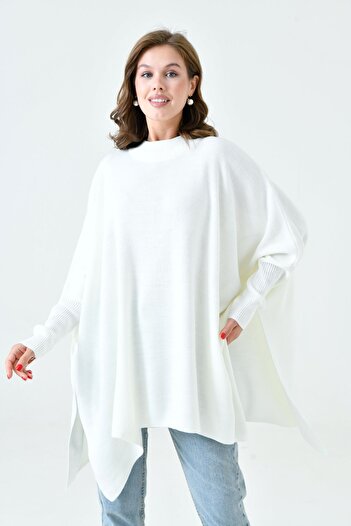 4S1B FASHION Ecru Oversize Sweater - Side Slit, Crew Neck, Wide Sleeve - Loose 15783