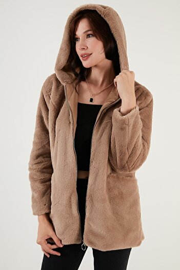 Lela Zippered Regular Fit Hooded Soft Textured Faux Fur Women's Fur Coat 497derın
