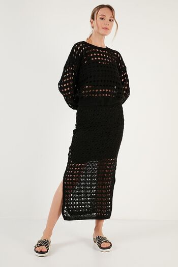 Lela Lined Openwork Slit Knitted Skirt Skirt 6071577