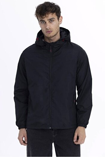 D1fference Men's Black Lined Windproof Hooded Sports Raincoat with Pockets