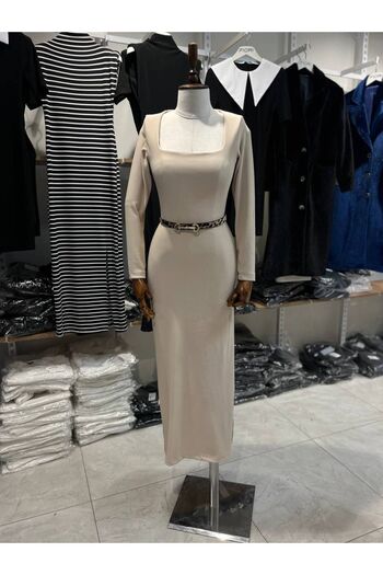 Fiori Black Ottoman Fabric - Square Collar Long Sleeve Dress
