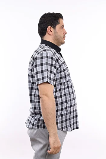TOUSUS Men's Plus Size Half Placket Black-Grey Plaid Lycra Buttoned Collar Short Sleeve Shirt KK-8041-TSS