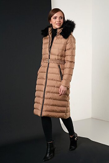 Lela Removable Furry Hooded Long Coat with Pockets Women's Coat 497firuze