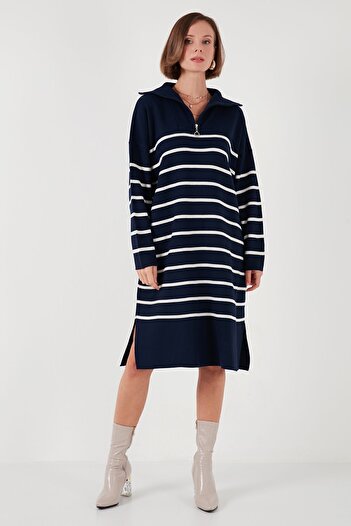 Lela Slit Detailed Striped Knitwear Dress - Half Zipper Dress 4615183