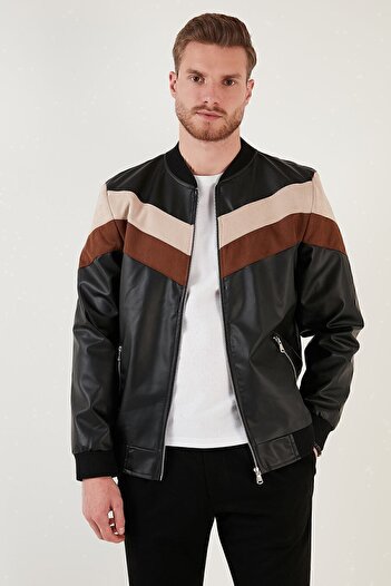 Buratti Slim Fit Color Blocked College Collar Bomber Faux Leather Coat Men's Coat 5718909