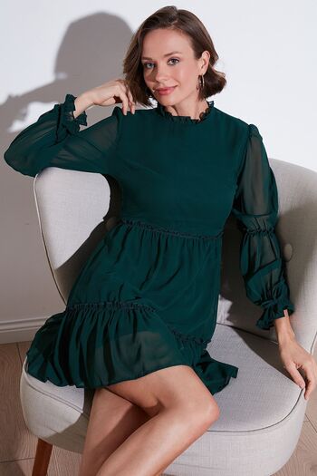 Lela Stand Collar Regular Fit Mini Dress - Gathered and Lined Dress 611el345