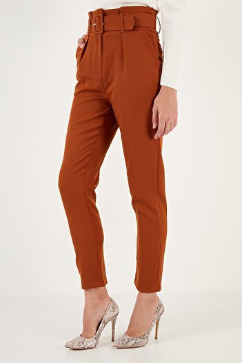 Lela High Waist Pocket Belted Regular Fit Fabric Pants TROUSERS 611PL04