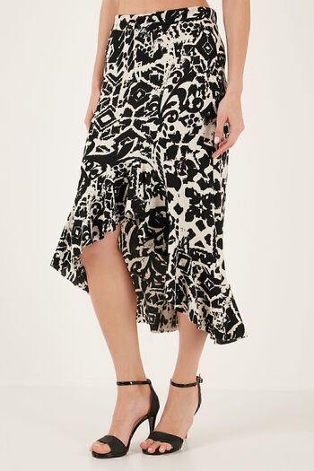 Lela Patterned High Waist Flounce Midi Length Slit Regular Fit Skirt SKIRT5865724