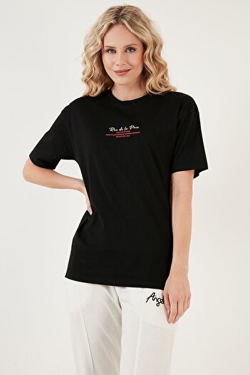 Lela Written Detailed Cotton Oversize Crew Neck T Shirt T SHIRT 541RUEDELA