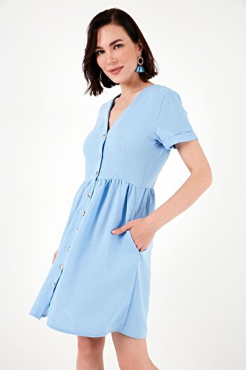 Lela Rochie cu mânecă scurtă, cu nasturi, cu buzunare, cu decolteu în V, cu ajustare normală, ROCHIE 611EL222