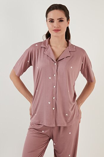 Lela Desenli Kısa Kollu Beli Lastikli Gömlek Yaka Dokuma Pijama Takım Pijama Takımı 6097515