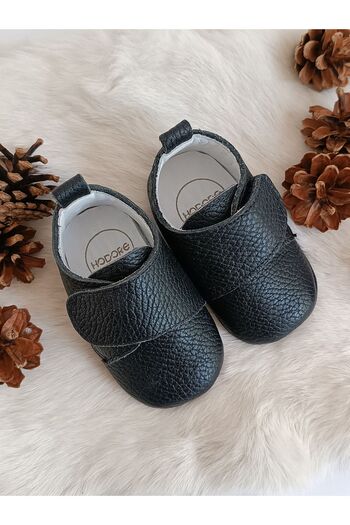 Hodore Black Genuine Leather Velcro Baby Shoes