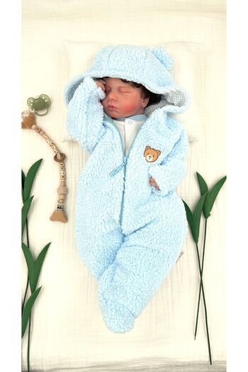 PATSAN Kapüşonlu Fermuarlı Peluş Polar Bebek Tulumu Ayılı  Açık Mavi