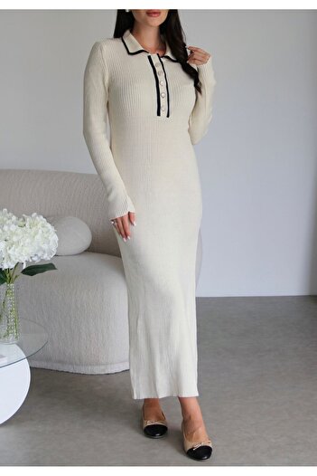 Julidress Krem Bej Polo Yaka Gold Yaka Düğmeli Uzun Kollu Fitilli Midi Boy Triko Elbise