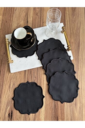 Nurhanhome 6 Pieces Black Color Linen Fabric Coffee Side Cocktail Presentation Napkin with Black Embroidery on the Edges