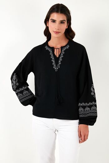 Lela V-Neck Regular Fit Blouse Blouse with Tie-Up Collar and Embroidered Sleeves 611bz0368