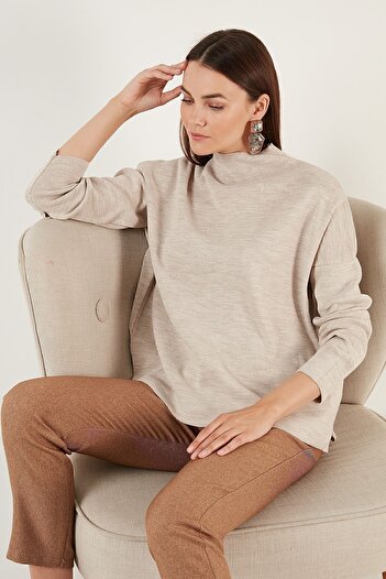 Lela Women's Beige Long Back Cotton High Collar Sweater 4615002