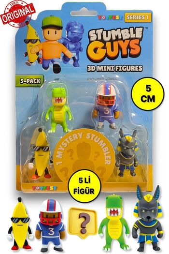 TOYFEST Stumble Guys Series 1 - 3D Mini 1 i Set of 5 Figures with Surprise - T-rex Quarterback Banana Guy Anubis