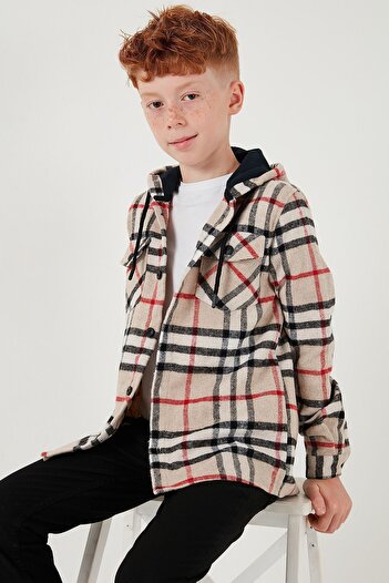 Lela Boy's Hooded Lumberjack Shirt - Double Pocket, Plaid Pattern Cf25W81786