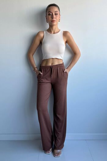 GÜLSELİ Corded Brown Women's Trousers - Pipe Leg