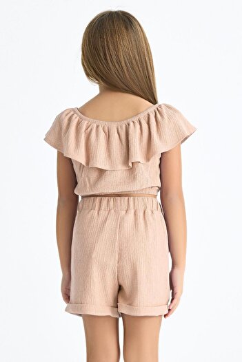 zepkids Boat Neck Shoulder Detailed Ruffle Sleeve Elastic Waist Pocket Detailed Beige Color Girl's Sorted Set