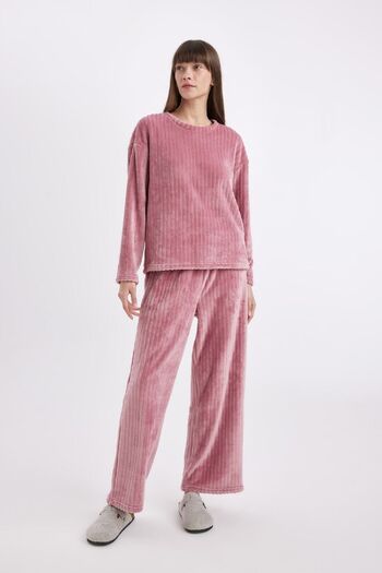 DeFacto Welsoft Plush Basic Pajamas Set - Long Sleeve, Wide Loose Leg, Elastic Waist