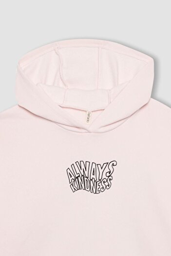 DeFacto Printed Oversize Hooded Sweatshirt for Girl - Soft Feather, Thick - B0952A823Au