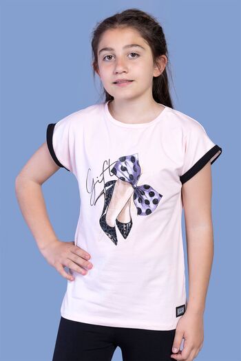 Toontoy Girl's Bow Printed Sleeve Garni Detailed T-Shirt