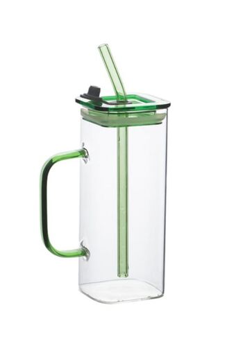 BuNeBox Heat Resistant Glass Square Mug with Leak Proof Lid and Straw 400 mL