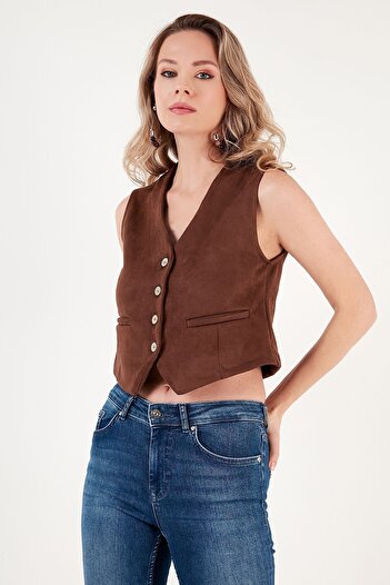 Lela Εφαρμοσμένο γιλέκο Scuba Suede με V λαιμόκοψη - 5865576