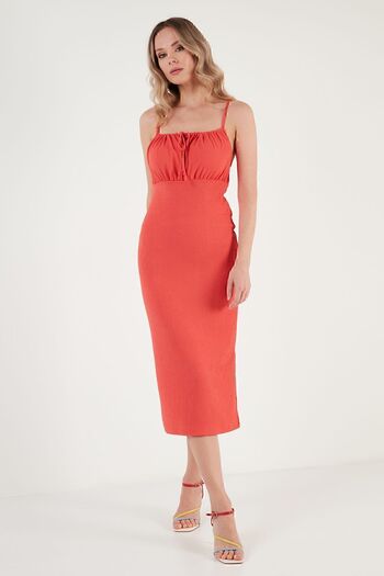 Lela Önü Büzgülü İp Askılı Yırtmaçlı Fitted Midi Elbise ELBİSE 5865362
