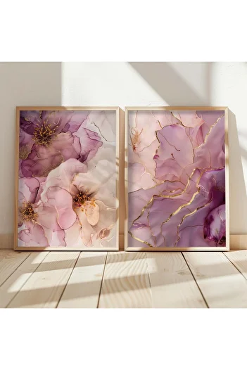 STARYUNA Gold Abstract Painting with Purple Flowers in Wooden Frame Yuna32