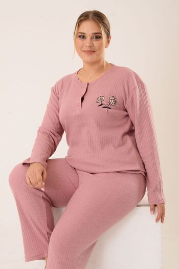 PİNKMARK Pınkmark Women's Powder Embroidery Detailed Cotton Plus Size Pajamas Set Pmtk25425