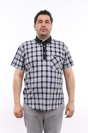 TOUSUS Men's Plus Size Half Placket Black-Grey Plaid Lycra Buttoned Collar Short Sleeve Shirt KK-8041-TSS