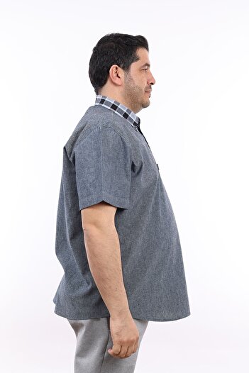 TOUSUS Men's Large Size Half Placket Gray Lycra Oxford Button Collar Short Sleeve Shirt KK-8029-TSS
