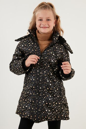 Lela Faux Fur Collar Star Pattern Removable Hooded Plush Lined Winter Coat Girls' M