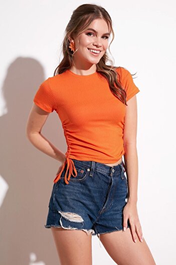 Lela Side Gathered Short Sleeve Crop Camisole Blouse Blouse 5864010