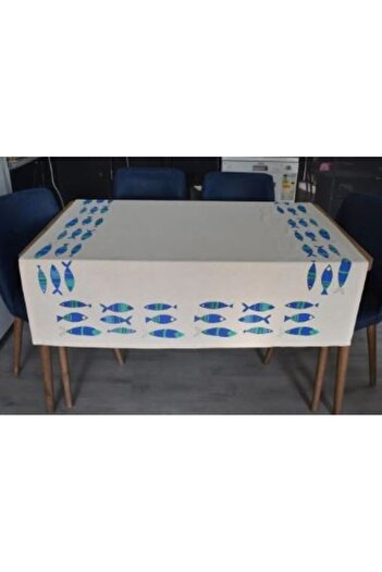 TUNCAY TEKSTİL Fish Printed Blue Linen Rectangular Tablecloth
